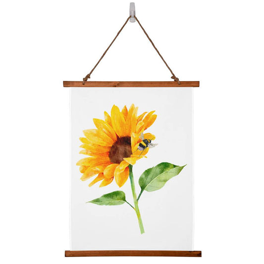 Sunflower wood Framed Wall Tapestry. Constructed from soft, lightweight polyester with a wooden hanging system and features a unique, vibrantly printed design.