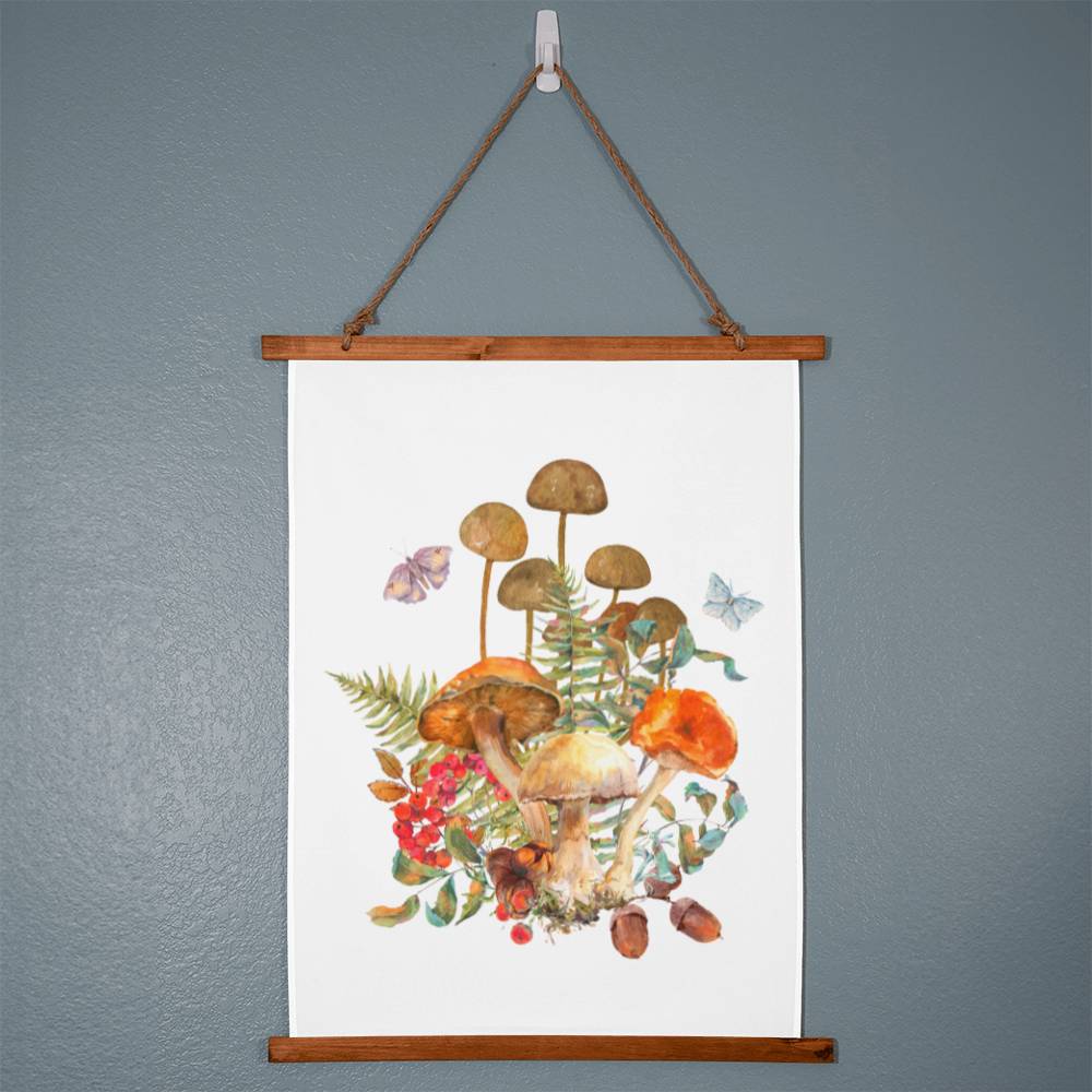 Mushroom Wood Framed Wall Tapestry. Constructed from soft, lightweight polyester with a wooden hanging system and features a unique, vibrantly printed design.