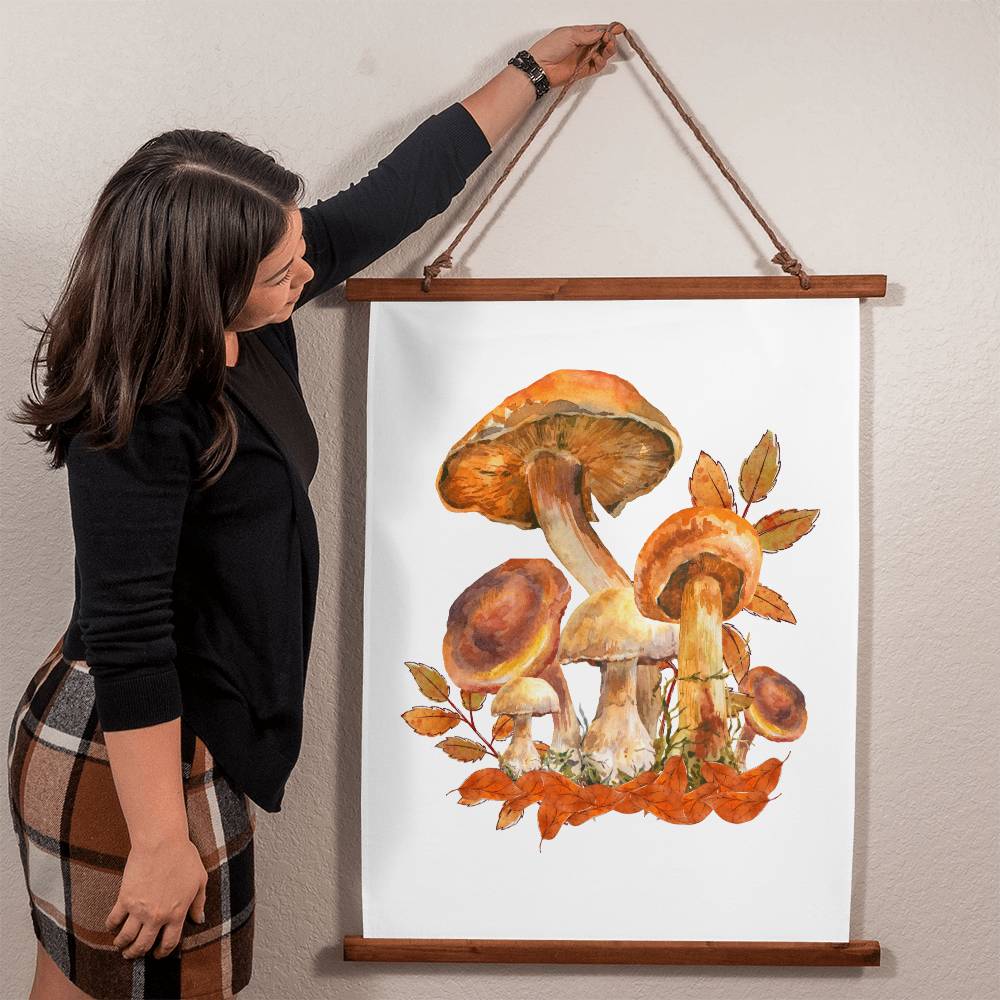 Mushroom Wood Framed Wall Tapestry. Constructed from soft, lightweight polyester with a wooden hanging system and features a unique, vibrantly printed design.
