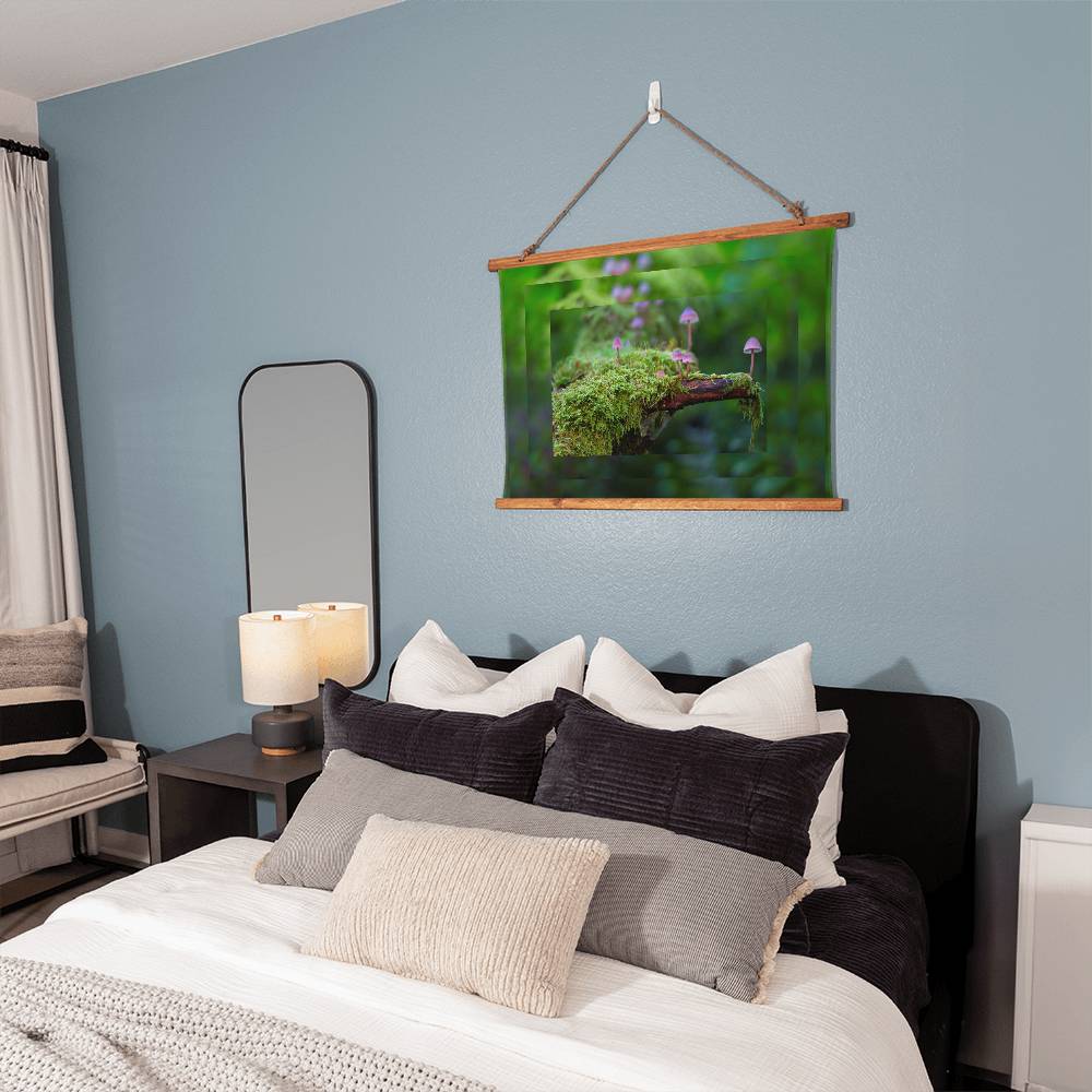 Moss Wood Framed Wall Tapestry. Constructed from soft, lightweight polyester with a wooden hanging system and features a unique, vibrantly printed design.
