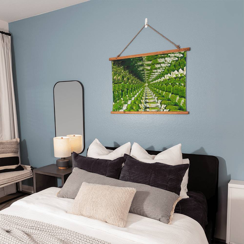 Moss Wood Framed Wall Tapestry. Constructed from soft, lightweight polyester with a wooden hanging system and features a unique, vibrantly printed design.