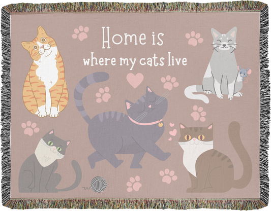 Cats Home Throw Blanket - 80" x 60", 100% Cotton